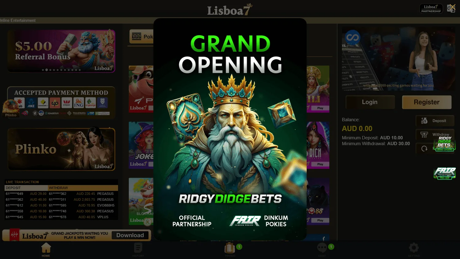 Lisboa7 Casino desktop home experience with the main casino offer