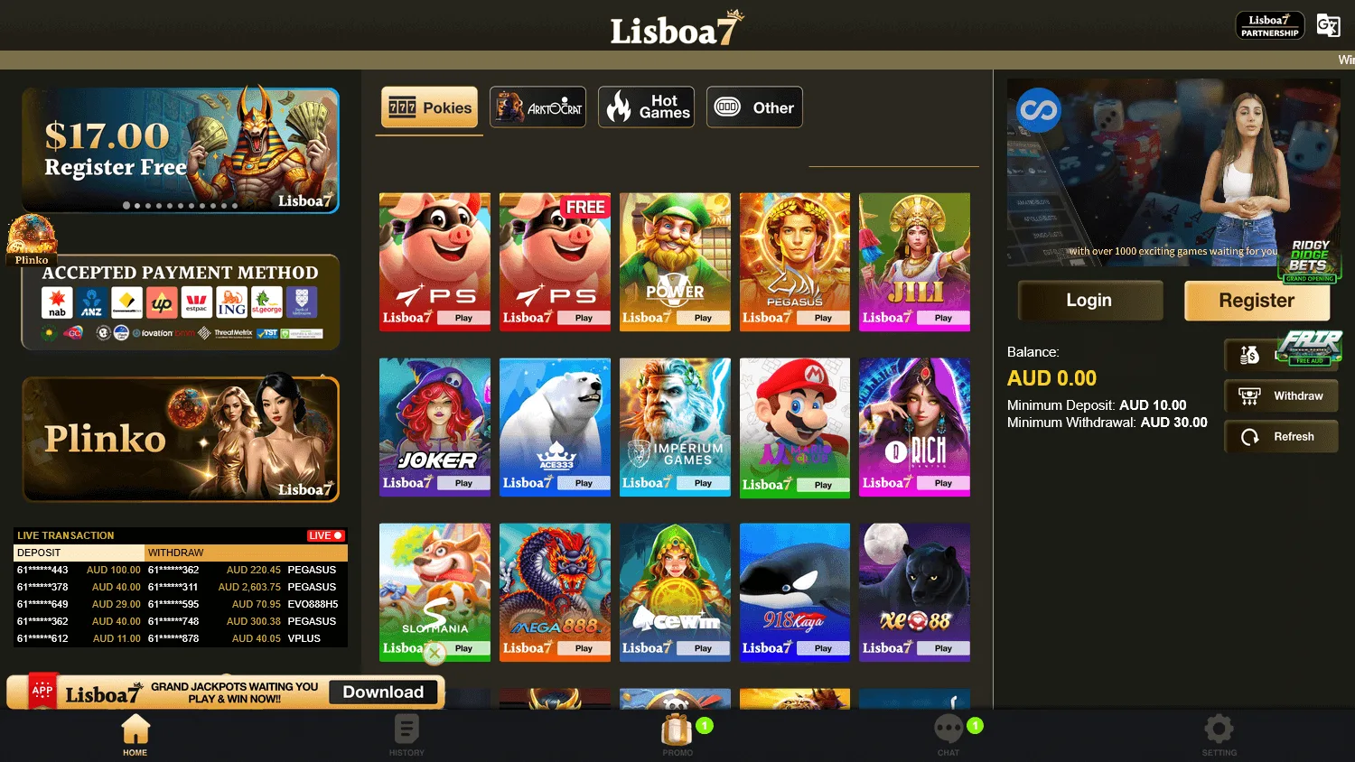 Lisboa7 Casino desktop games area with casino categories and titles